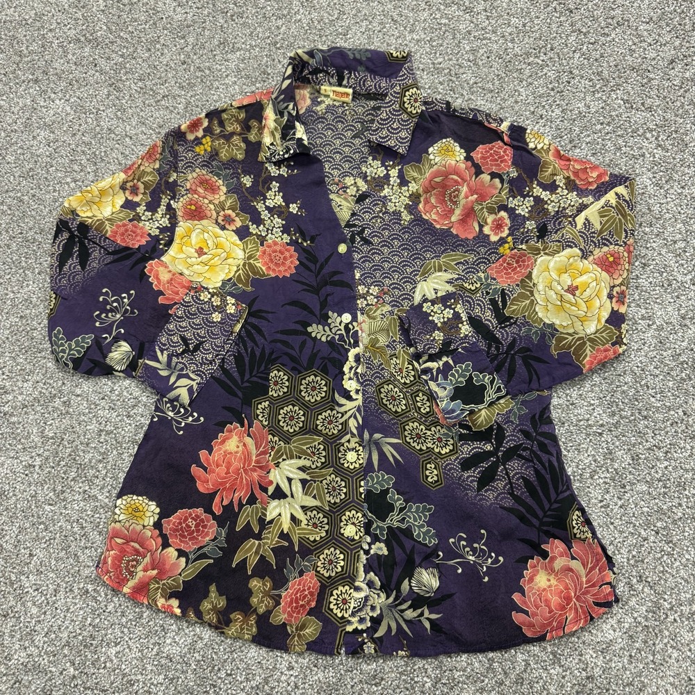 Tianello Shirt Womens Small Multicolor Floral Collared Long Sleeve Button Up Top